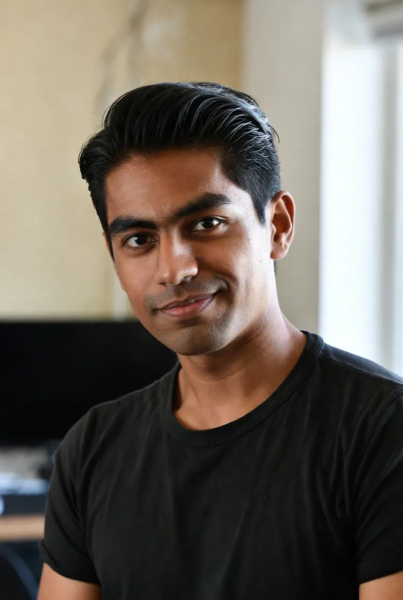 A portrait of a creative lead named Théo, styled as a modern ronin. He has a sharp, focused gaze and wears a minimalist black tech-wear outfit. The photo is black and white with a heavy vignette and a subtle red brush stroke across the background. The lighting is harsh side-lighting, emphasizing his determined expression and creative energy.